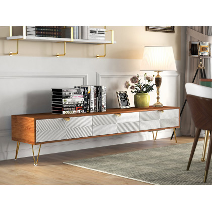 HMR - Nordic TV Stand Fluted Design White and Gold with 3 Drawers in 78.7"W