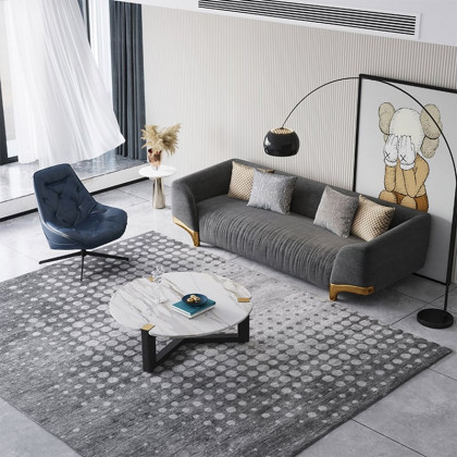 HMR - 3-Seat Cotton and Linen Upholstered Sofa with Pillows and Legs in 87"W, Gray and Gold