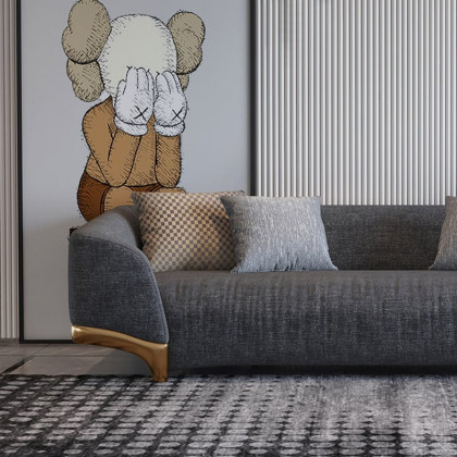 HMR - 3-Seat Cotton and Linen Upholstered Sofa with Pillows and Legs in 87"W, Gray and Gold