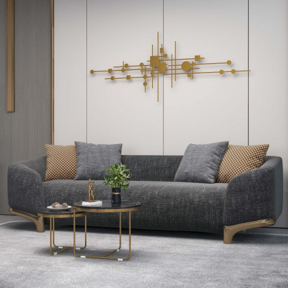 HMR - 3-Seat Cotton and Linen Upholstered Sofa with Pillows and Legs in 87"W, Gray and Gold