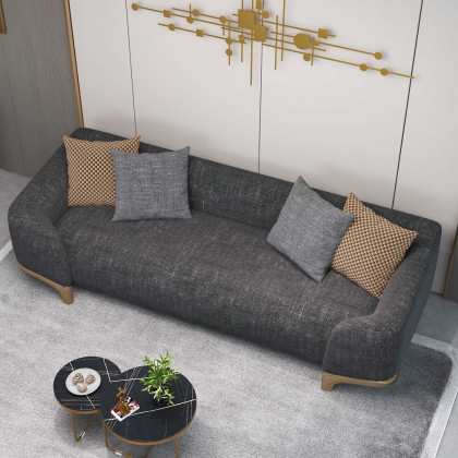 HMR - 3-Seat Cotton and Linen Upholstered Sofa with Pillows and Legs in 87"W, Gray and Gold