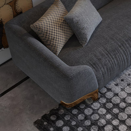 HMR - 3-Seat Cotton and Linen Upholstered Sofa with Pillows and Legs in 87"W, Gray and Gold