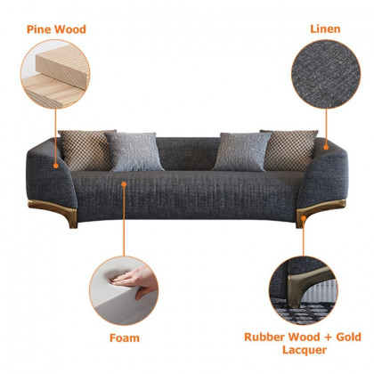HMR - 3-Seat Cotton and Linen Upholstered Sofa with Pillows and Legs in 87"W, Gray and Gold