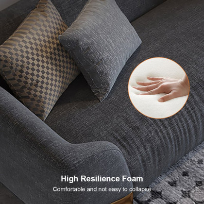 HMR - 3-Seat Cotton and Linen Upholstered Sofa with Pillows and Legs in 87"W, Gray and Gold