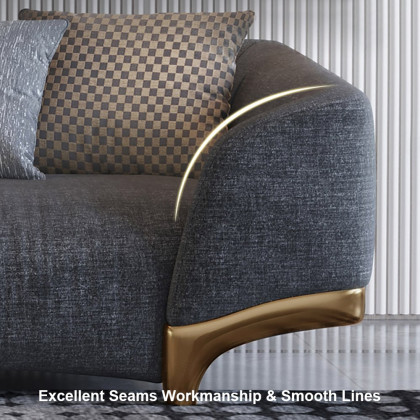 HMR - 3-Seat Cotton and Linen Upholstered Sofa with Pillows and Legs in 87"W, Gray and Gold