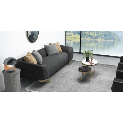 HMR - 3-Seat Cotton and Linen Upholstered Sofa with Pillows and Legs in 87"W, Gray and Gold