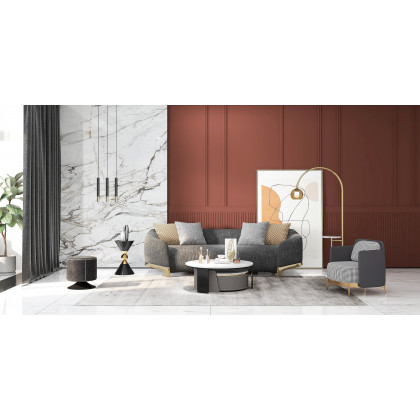HMR - 3-Seat Cotton and Linen Upholstered Sofa with Pillows and Legs in 87"W, Gray and Gold