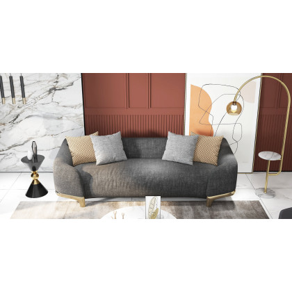 HMR - 3-Seat Cotton and Linen Upholstered Sofa with Pillows and Legs in 87"W, Gray and Gold