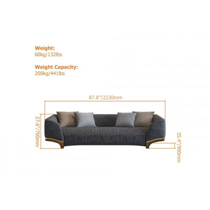 HMR - 3-Seat Cotton and Linen Upholstered Sofa with Pillows and Legs in 87"W, Gray and Gold