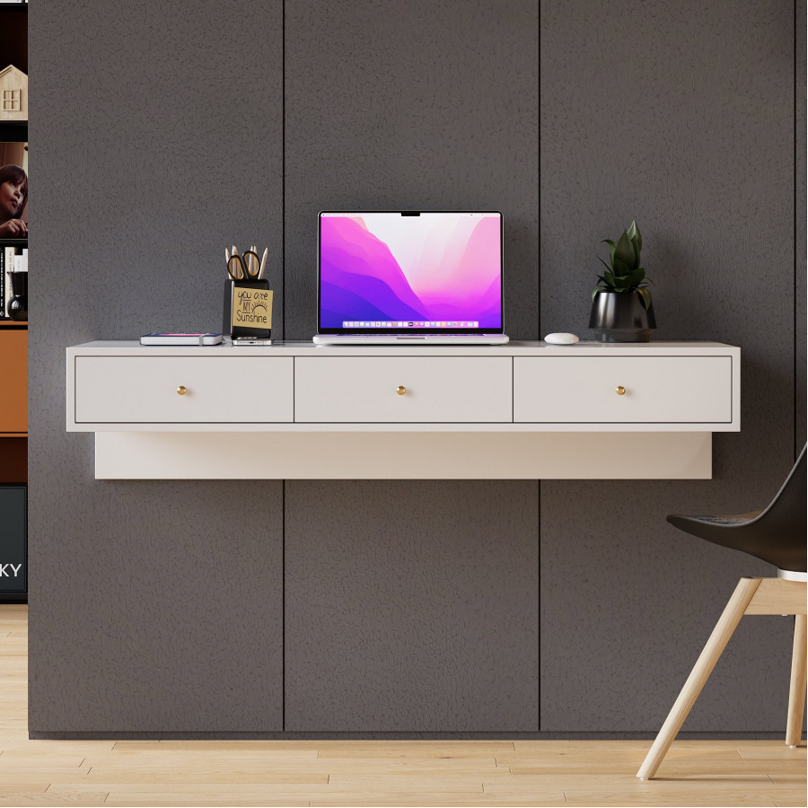 HMR - Floating Desk with Drawers Wall Mounted in White