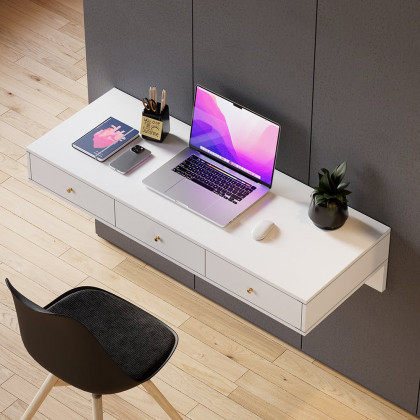 HMR - Floating Desk with Drawers Wall Mounted in White