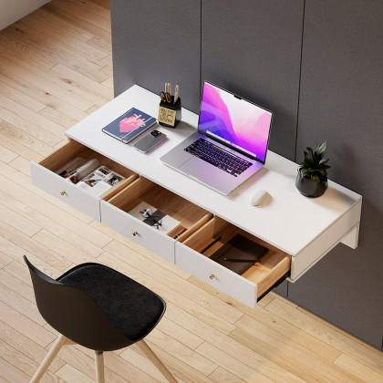 HMR - Floating Desk with Drawers Wall Mounted in White
