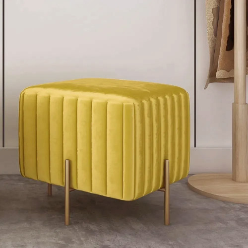 HMR - Upholstered Square Velvet Pouf in Yellow