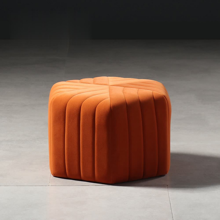 HMR Wide Hexagonal Pouf Ottoman - Orange, Velvet