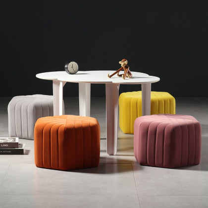 HMR Wide Hexagonal Pouf Ottoman - Orange, Velvet