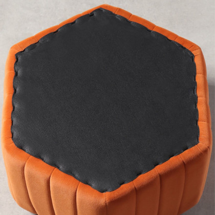 HMR Wide Hexagonal Pouf Ottoman - Orange, Velvet