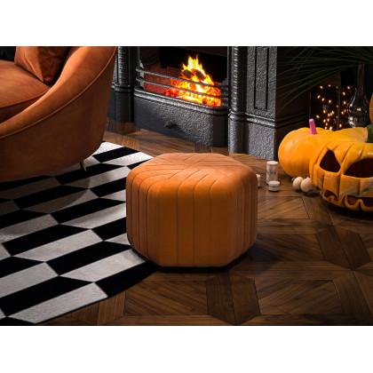 HMR Wide Hexagonal Pouf Ottoman - Orange, Velvet