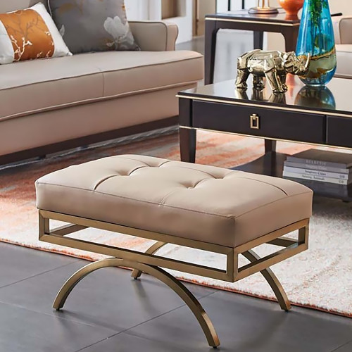 HMR - Leather Upholstered Ottoman Stool in Beige