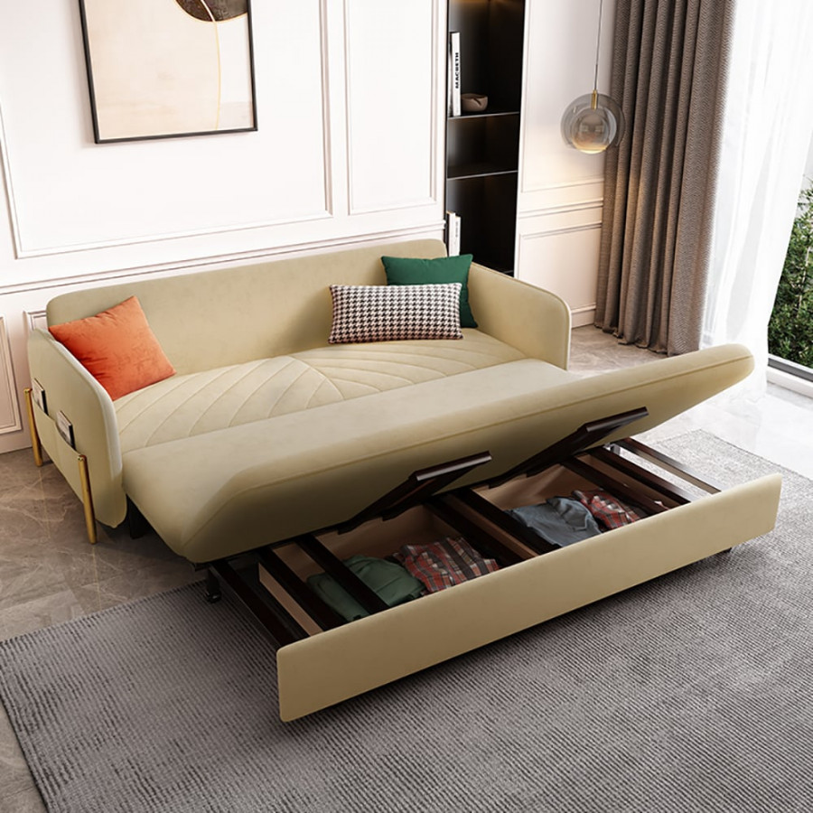 HMR King 3-Seater Sleeper Sofa - Beige, Velvet