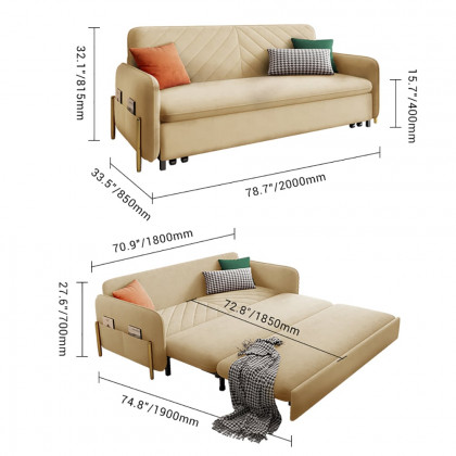 HMR King 3-Seater Sleeper Sofa - Beige, Velvet