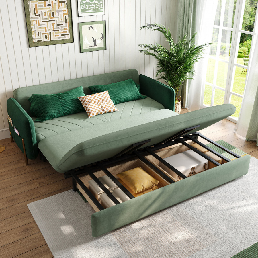HMR Full 2-Seater Sleeper Sofa - Green/Gold, Velvet