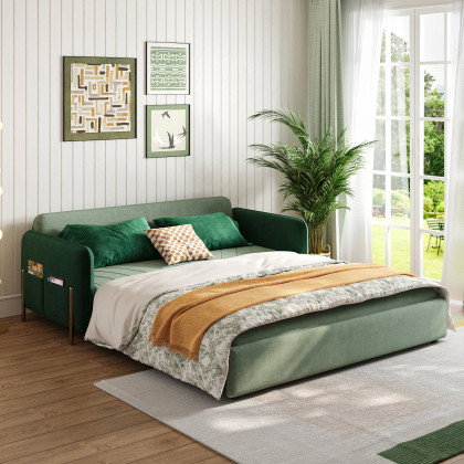 HMR Full 2-Seater Sleeper Sofa - Green/Gold, Velvet