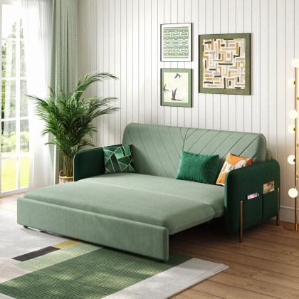 HMR Full 2-Seater Sleeper Sofa - Green/Gold, Velvet