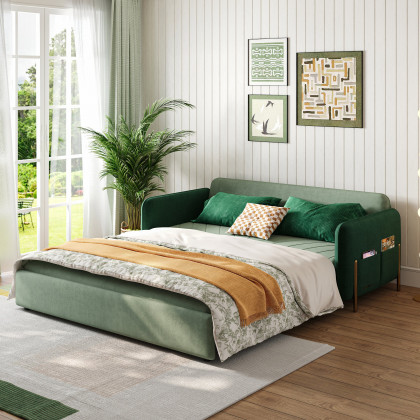 HMR Full 2-Seater Sleeper Sofa - Green/Gold, Velvet
