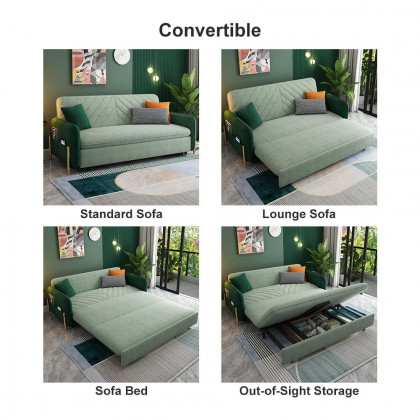 HMR Full 2-Seater Sleeper Sofa - Green/Gold, Velvet