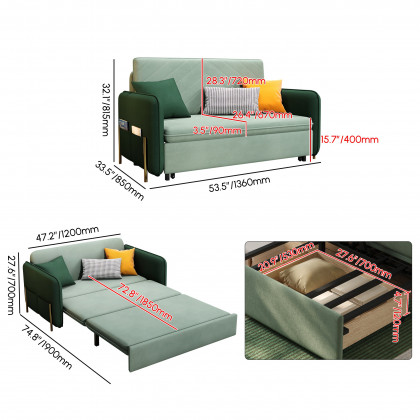 HMR Full 2-Seater Sleeper Sofa - Green/Gold, Velvet