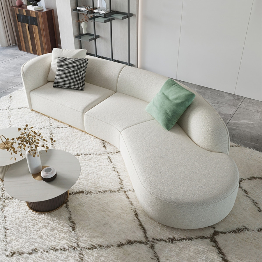 HMR - Curved Sectional Upholstered 5-Seater Sofa in 134" W, White