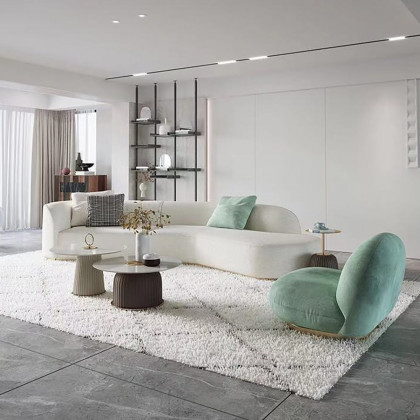 HMR - Curved Sectional Upholstered 5-Seater Sofa in 134" W, White
