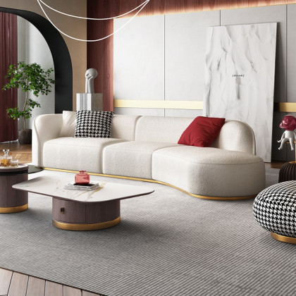 HMR - Curved Sectional Upholstered 5-Seater Sofa in 134" W, White