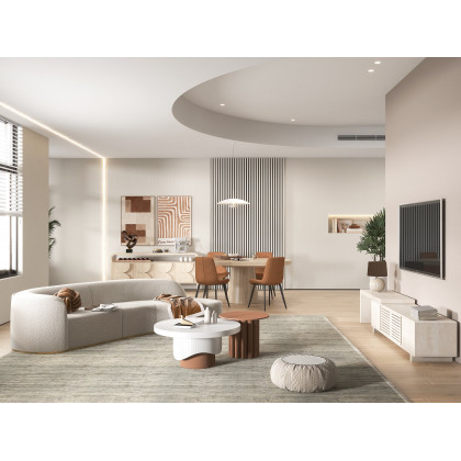 HMR - Curved Sectional Upholstered 5-Seater Sofa in 134" W, White