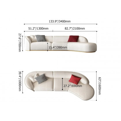 HMR - Curved Sectional Upholstered 5-Seater Sofa in 134" W, White