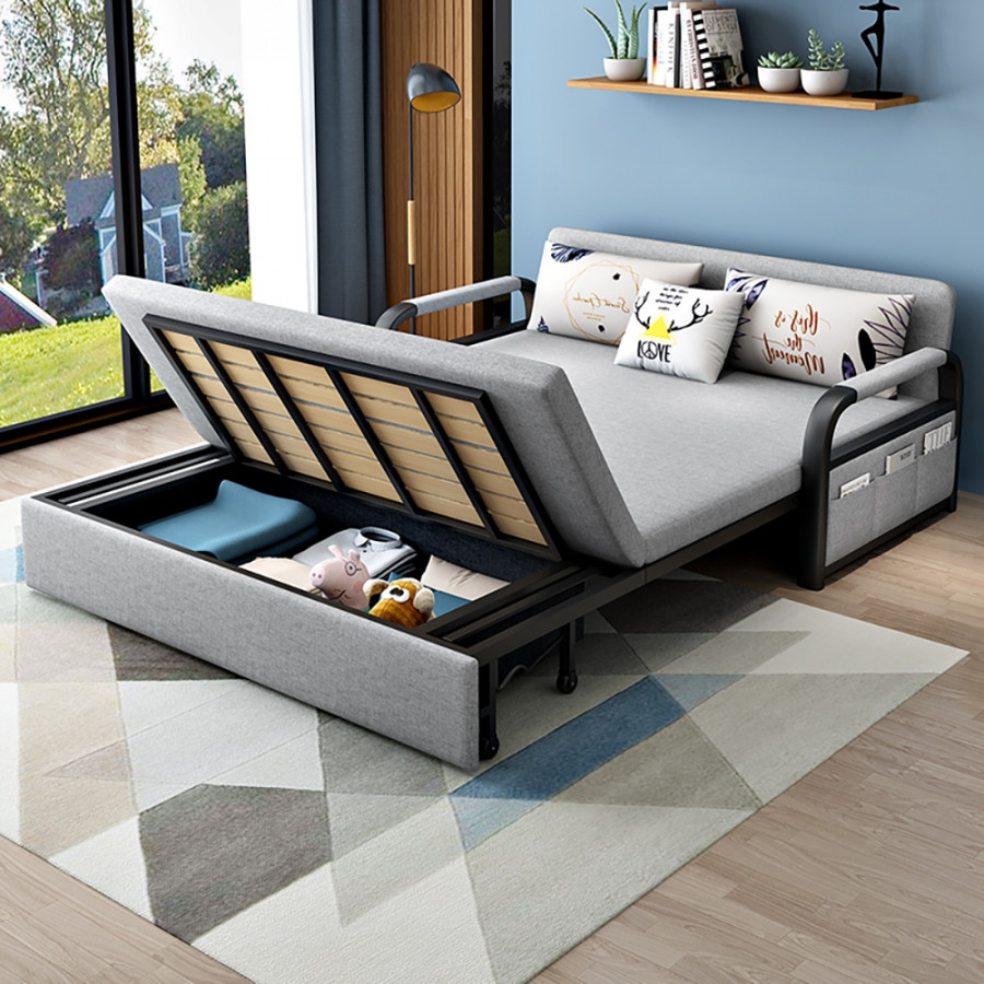 HMR - Full Sleeper Linen Upholstered Convertible with Storage in 75.6"L