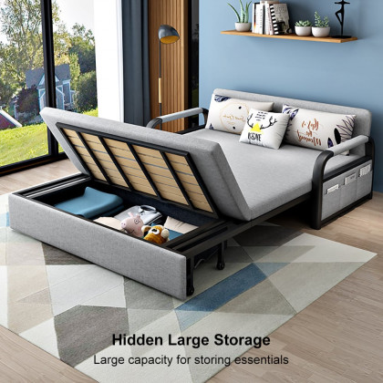 HMR - Full Sleeper Linen Upholstered Convertible with Storage in 75.6"L