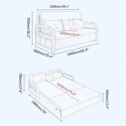 HMR - Full Sleeper Linen Upholstered Convertible with Storage in 75.6"L