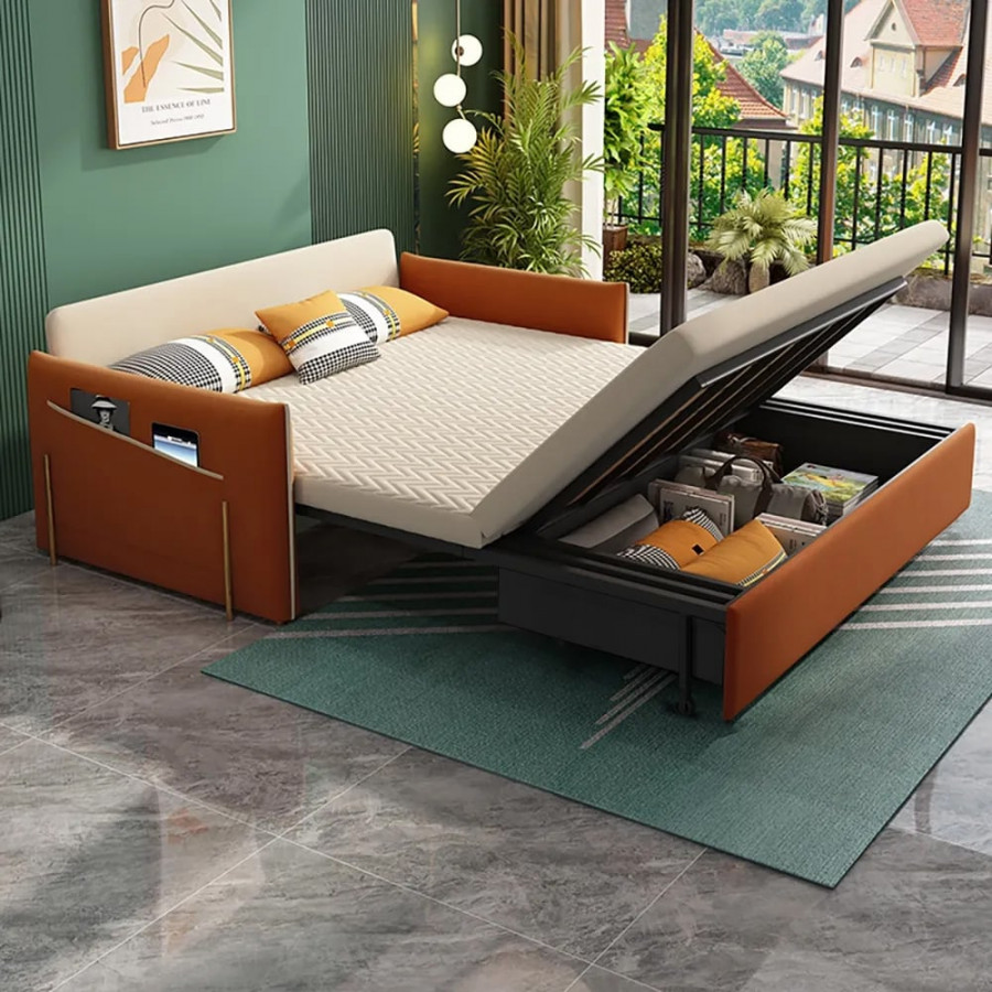 HMR - Velvet Upholstered Convertible Full Sleeper Storage in 66.1"L, Beige