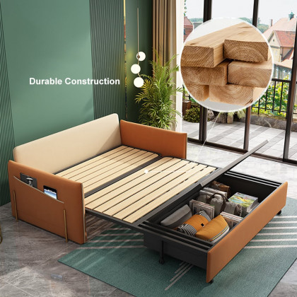 HMR - Velvet Upholstered Convertible Full Sleeper Storage in 66.1"L, Beige