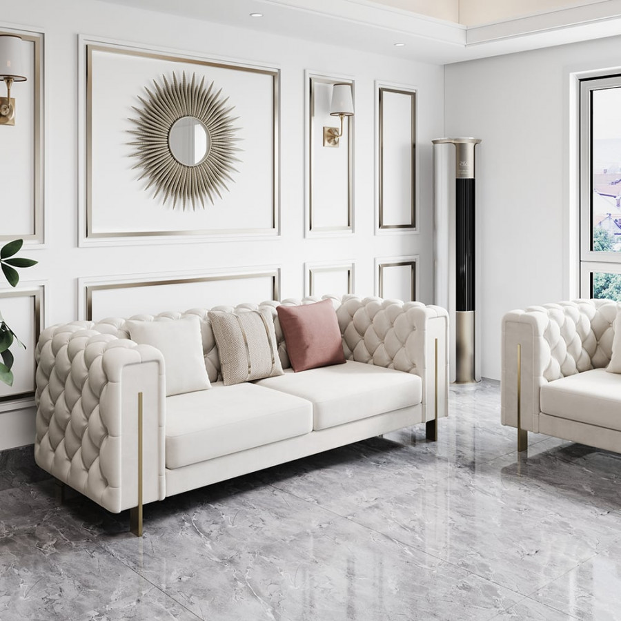 HMR - Velvet Upholstered 2-Seater Tufted Sofa in 86.6"W, White