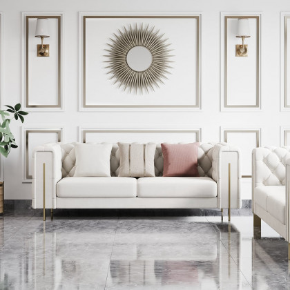 HMR - Velvet Upholstered 2-Seater Tufted Sofa in 86.6"W, White