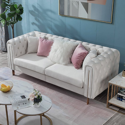 HMR - Velvet Upholstered 2-Seater Tufted Sofa in 86.6"W, White