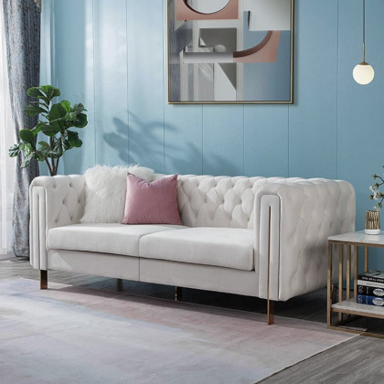 HMR - Velvet Upholstered 2-Seater Tufted Sofa in 86.6"W, White