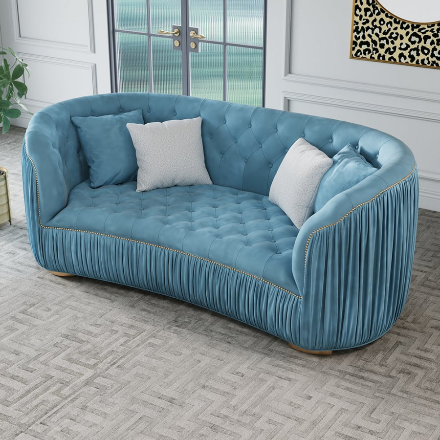 HMR - Velvet Upholstered 3-Seater Sofa in 83"W, Blue