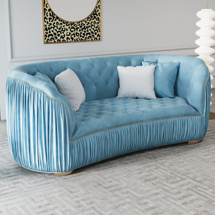 HMR - Velvet Upholstered 3-Seater Sofa in 83"W, Blue