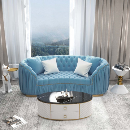 HMR - Velvet Upholstered 3-Seater Sofa in 83"W, Blue