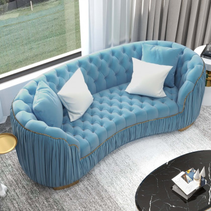 HMR - Velvet Upholstered 3-Seater Sofa in 83"W, Blue