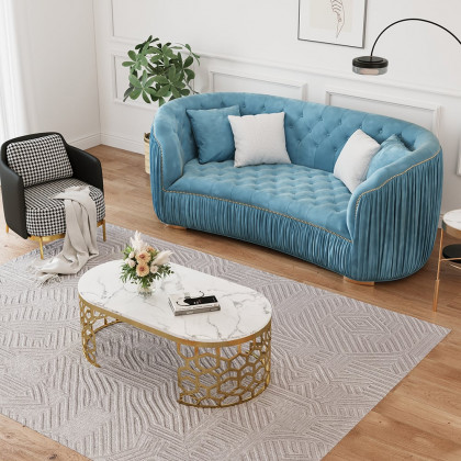 HMR - Velvet Upholstered 3-Seater Sofa in 83"W, Blue