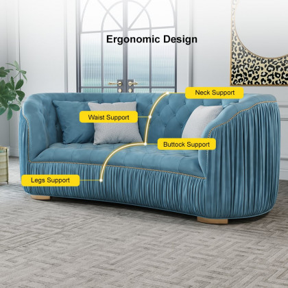 HMR - Velvet Upholstered 3-Seater Sofa in 83"W, Blue
